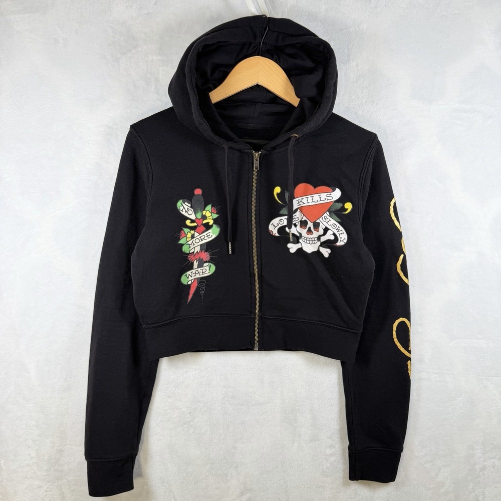 Vintage Y2K Ed Hardy Love Kills Slowly Skull VTG Crop Hoodie Jacket Womens Sz L